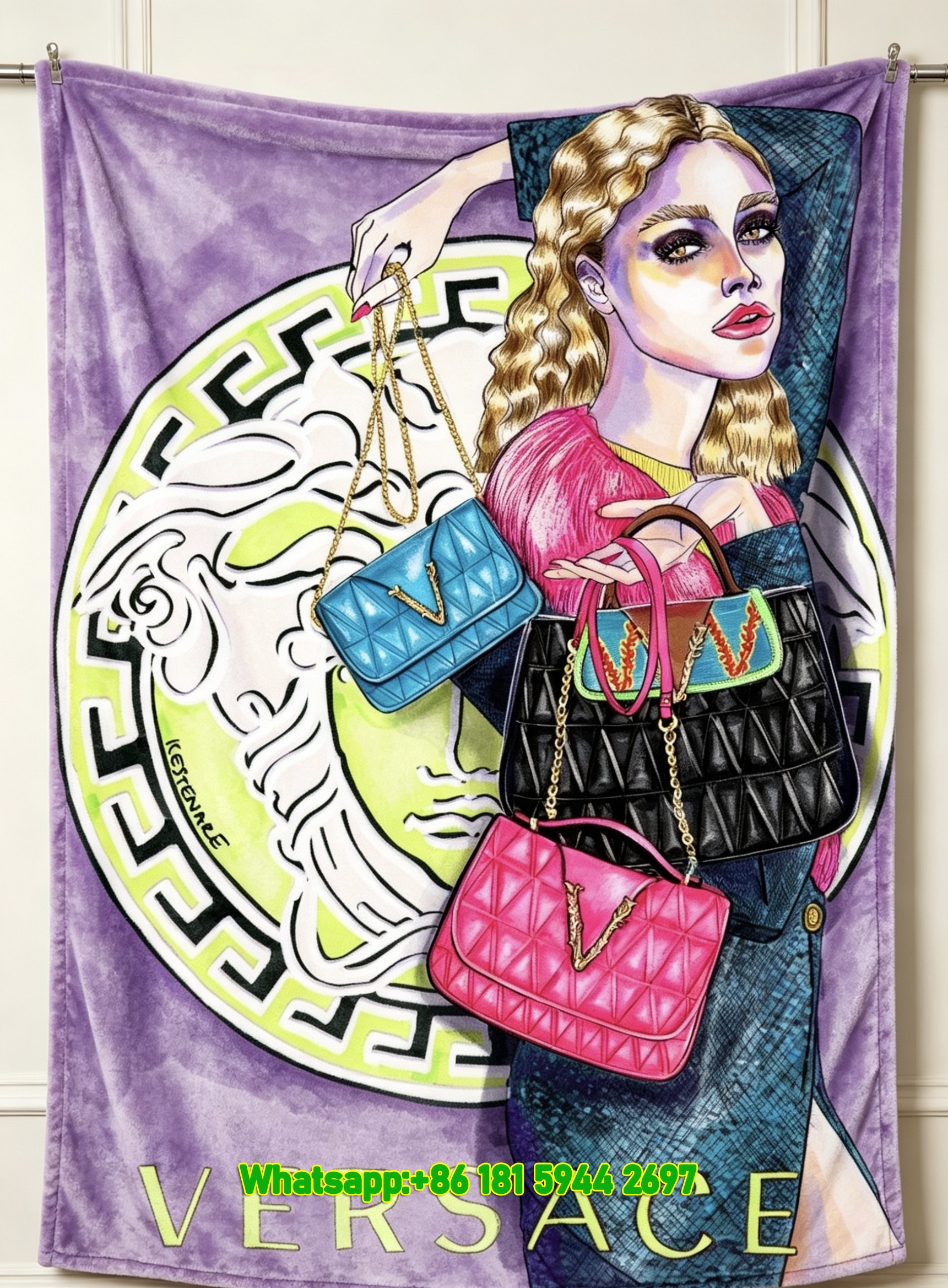 Versace Lavender Purple Background Medusa Head Fashion Illustration V Logo Handbag Print Flannel Throw Blanket Luxury Sofa Cover Blanket IMG_1685